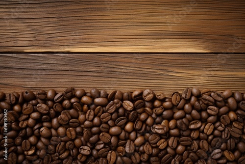 Wooden background with coffee beans. Generative AI © Marisela