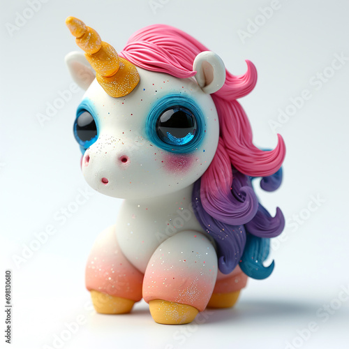 Cute 3d cartoon small fantasy unicorn isolated on a transparent background, Made from clay.