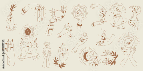 Big set of magical hands.Trendy linear minimal style woman hands holding different magical items.Esoteric and mystical design elements.Magic, wizardry and fortune-telling,witchcraft.Vector