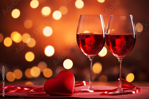 Glasses of wine and red heart shape on evening golden bokeh background. Saint Valentines day concept