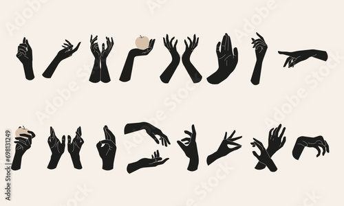 Big set of hands.Trendy minimal style woman's dark hands.Witch hands..Esoteric and mystical design elements.Magic, wizardry and fortune-telling,witchcraft.Vector illustration photo