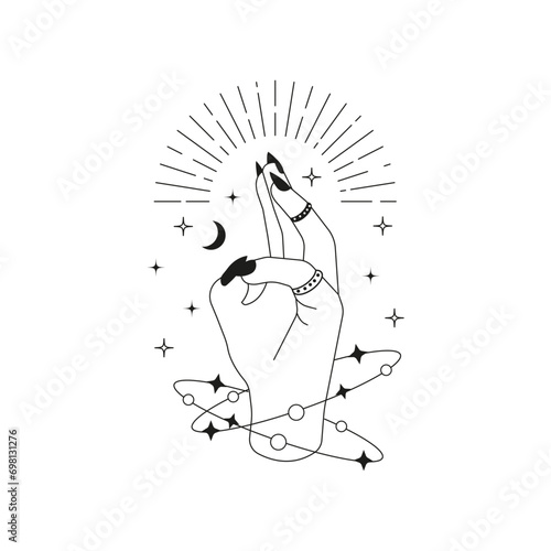 Spiritual magic logo.Mystic tattoo.Trendy linear minimal style woman hand.Esoteric and mystical design elements.Magic, wizardry and fortune-telling,witchcraft.Vector illustration