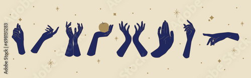 Set of magical hands.Trendy minimal style woman hands.Esoteric and mystical design elements.Magic, wizardry and fortune-telling,witchcraft.Vector illustration