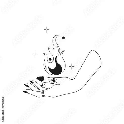 Spiritual magic logo.Mystic tattoo.Trendy linear minimal style woman hand with fire.Esoteric and mystical design elements.Magic, wizardry and fortune-telling,witchcraft.Vector illustration