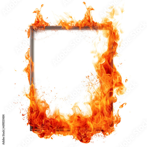 Mockup of a burning frame is cut out on a transparent background. The fire on the frame spreads in different directions. Concept of carelessness with fire and its consequences photo