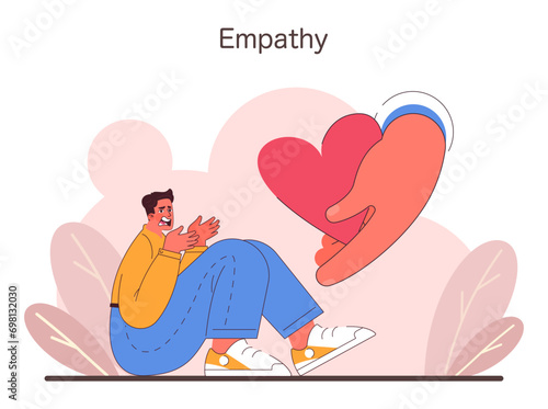Empathy concept. A person receives a large, comforting heart, depicting the power of understanding and emotional support. Compassionate connection visualized. Flat vector illustration
