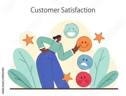 Customer Satisfaction concept. A woman evaluates different levels of service experience, selecting from a range of emotive feedback icons. Flat vector illustration