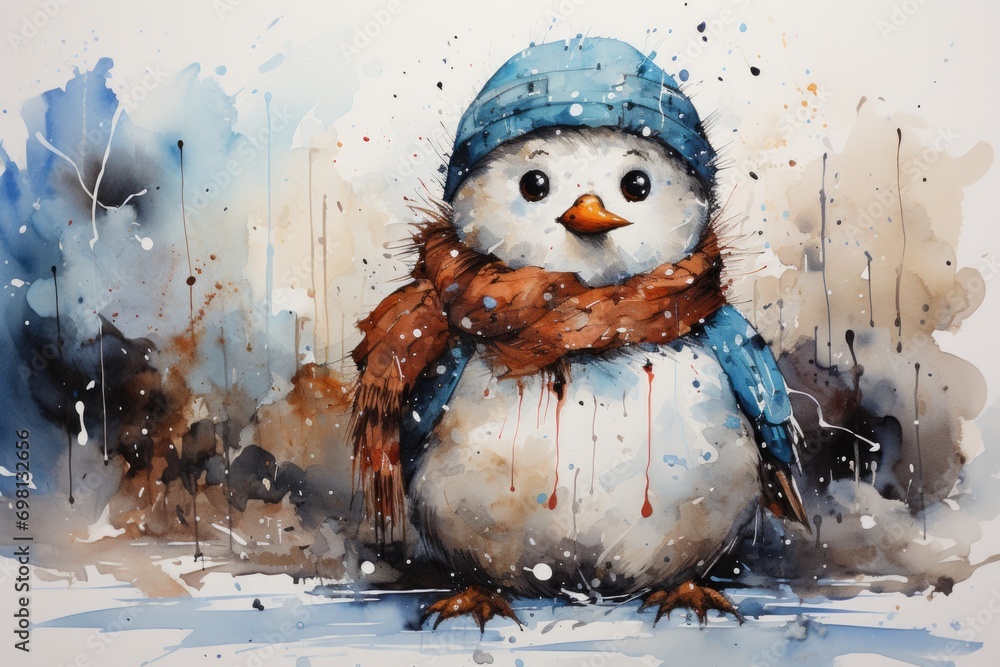 Obraz premium Snowman in the snow on a winter watercolor painted background