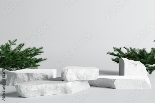 White stone product display podium. Pine concept. 3D rendering photo