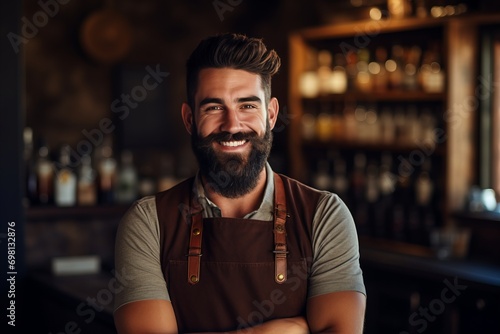 Smiling bartender with copy space at the bar in a lively and vibrant atmosphere photo