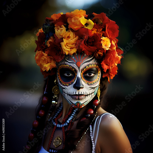 Womans face painted for Dia de los Muertos with Day of the Dead patterns and symbols.