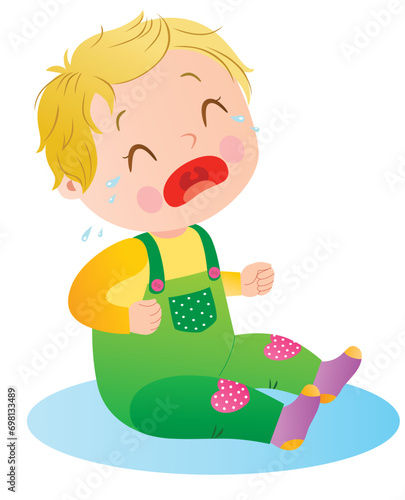 Crying little child with tears sitting on the blue rug