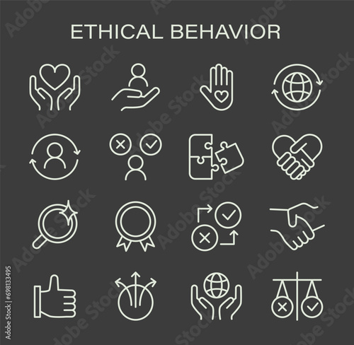 Ethical Behavior set. Principles of integrity and fairness in actions. Trust and responsibility icons. Compassion, global care, justice representation. Flat vector illustration.