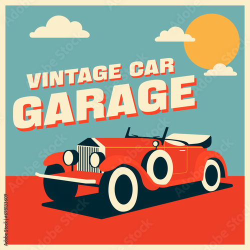 Retro car service sign.Old garage sign with classic car on retro background. Decorative poster design for auto service or mechanic shop. Vector illustration