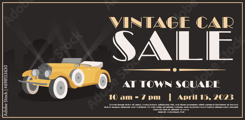 Vintage classic car sale horizontal poster template. Retro car exhibition. Vector illustration
