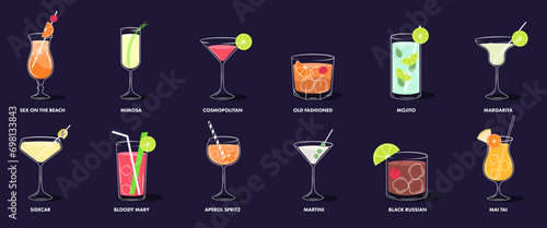 Set of summer drinks, cocktails with ice cubes and fruit. Isolated on dark background.Beach or pool party, restaurant and bar elements. Bar menu design or advertising.Vector illustration photo