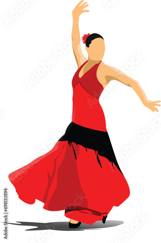 Beautiful young woman dancing flamenco isolated on white. Vector illustration