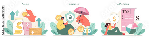 Financial Responsibility set. Maximizing asset growth, securing with insurance, and strategizing tax payments. Essential steps for economic well-being. Flat vector illustration.