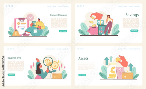 Financial Responsibility set. Strategic budget planning, consistent savings, smart investing, and asset management. Visualizing economic stability steps. Flat vector illustration.