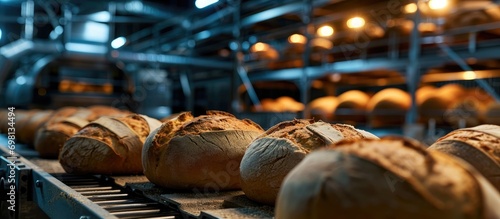 Bakery factory with bread made by automated production line. photo
