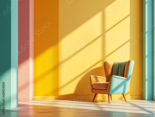 Colorful armchair on colorful wall interior design