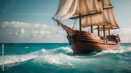 Around the world sea voyage. An ancient medieval wooden sailing ship floats on the waves. Turquoise water, blue sky, sunny day. photo