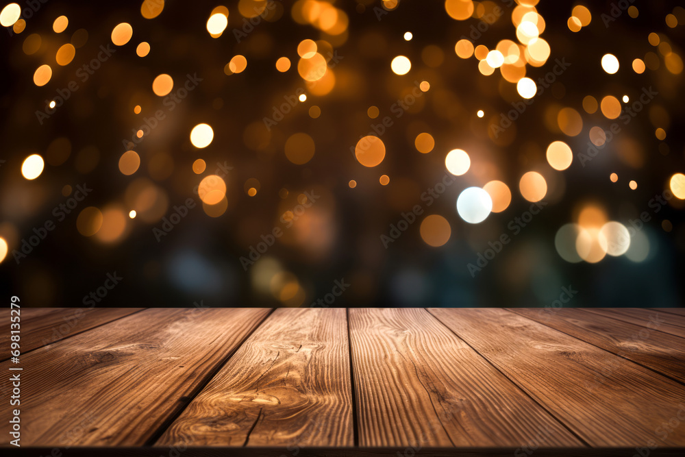 Wooden table with sparkling bokeh lights in the dark background. Festive holiday atmosphere backdrop.