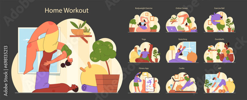 Home Workout set. Indoor fitness routine variety. Engaging in yoga, stretching, and strength training. Interactive digital training through an app. Flat vector illustration.