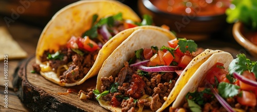 Tasty Mexican cuisine: beef and homemade salsa in taco shells. photo