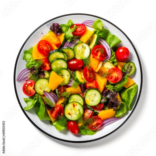 Plate of vegetable salad on white background, top view.