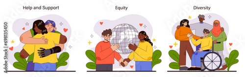 Inclusive Society set. Showcases accessibility with a wheelchair, empowerment through unity, and the fight against discrimination. Promoting equal rights and community support. vector illustration.