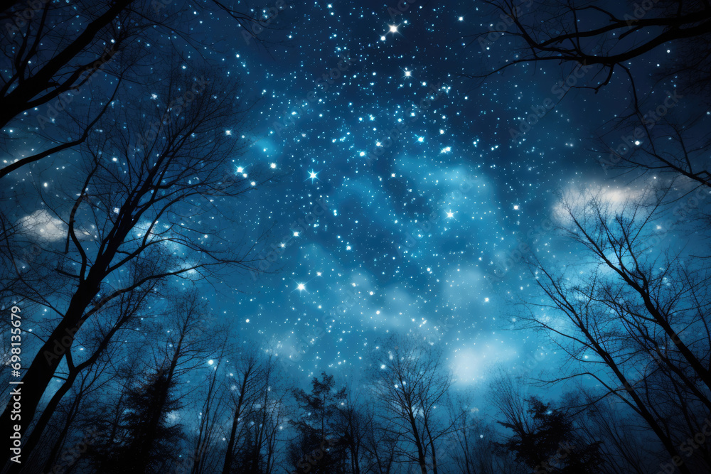 Blue dark night sky with stars above forest Blue dark night sky with stars above forest