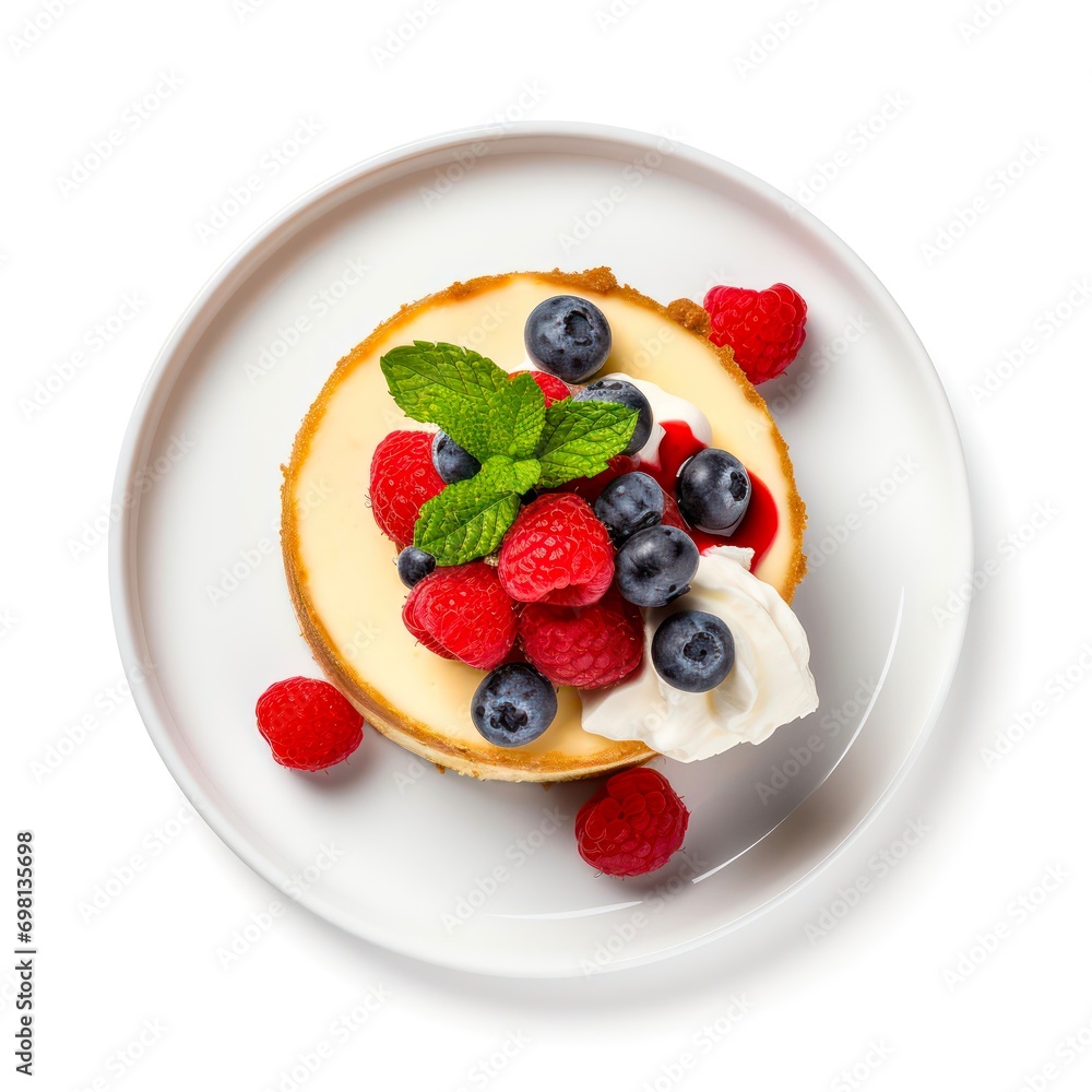 Plate of cheesecake decorated with berries on white background, top view.