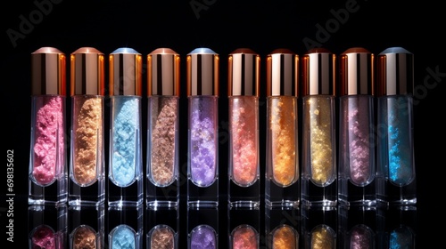 A collection of shimmering liquid highlighters in glass tubes.
