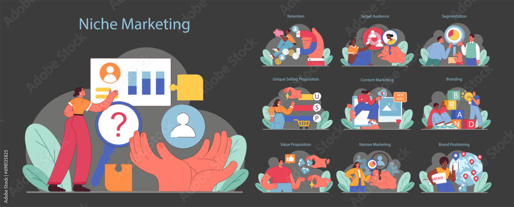 Niche marketing set. Strategies for audience engagement, retention, and ...