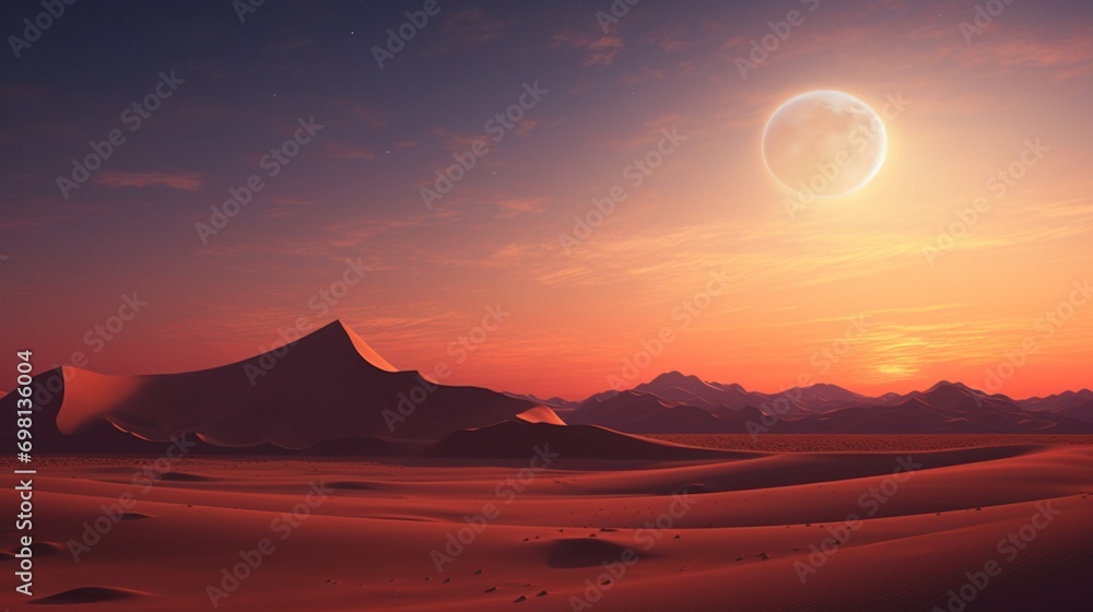 A crescent moon rising over an endless desert landscape, creating a tranquil scene.
