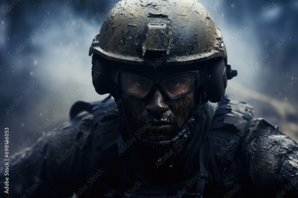 Naklejka premium Portrait of an army soldier in smoke on the battlefield