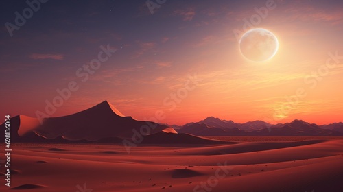 A crescent moon rising over an endless desert landscape, creating a tranquil scene.