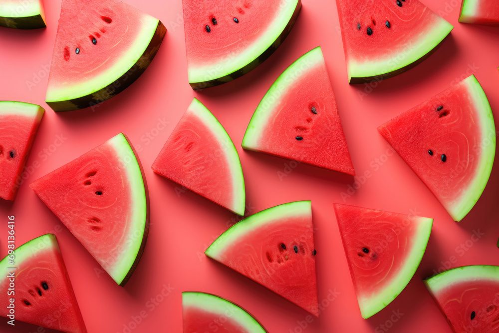 Watermelon slices with seeds on a pink background background texture Watermelon slices with seeds on a pink background background texture