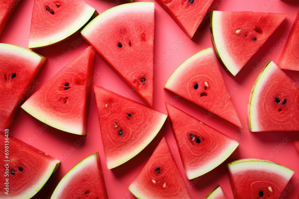 Watermelon slices with seeds on a pink background background texture Watermelon slices with seeds on a pink background background texture