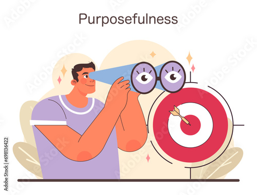 Vision of Purposefulness illustration. An individual with binoculars focused on a bullseye, capturing the essence of strategic goal visualization and intention. Flat vector illustration