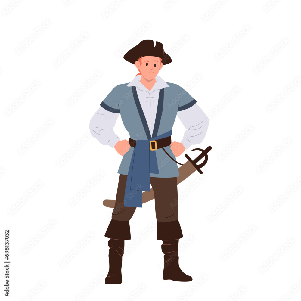 Pirate sea criminal cartoon character wearing traditional hat and costume isolated on white