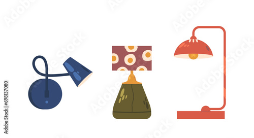 Table Lamps, Desk Light Bulbs and Torcheres of Modern Design with Colorful Shades. Electric Supplies for Home Decor