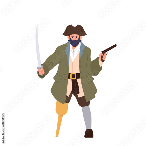 Evil one-legged pirate cartoon character raising sable and handgun weapon ready to attack isolated