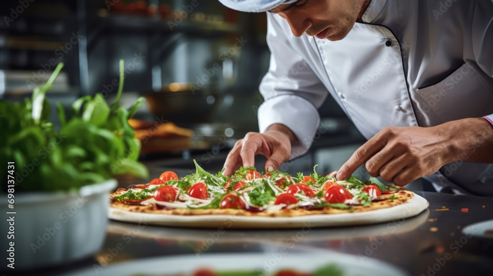 Closeup hand of chef baker in white uniform making pizza at kitchen