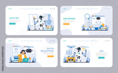 AGI web or landing page. AGI transforming art, ethics, education, and driving innovation. A holistic AI approach shaping future landscapes. Flat vector illustration.