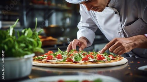 Closeup hand of chef baker in white uniform making pizza at kitchen © Vitalii