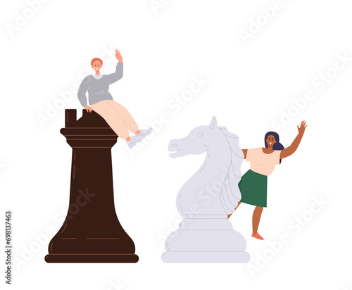 Happy man and woman cartoon characters playing giant chess figure isolated on white background
