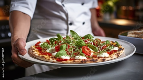 Close-up of a finished pizza in the hands of a chef. Ready pizza cooked in a wood-fired oven, close-up.