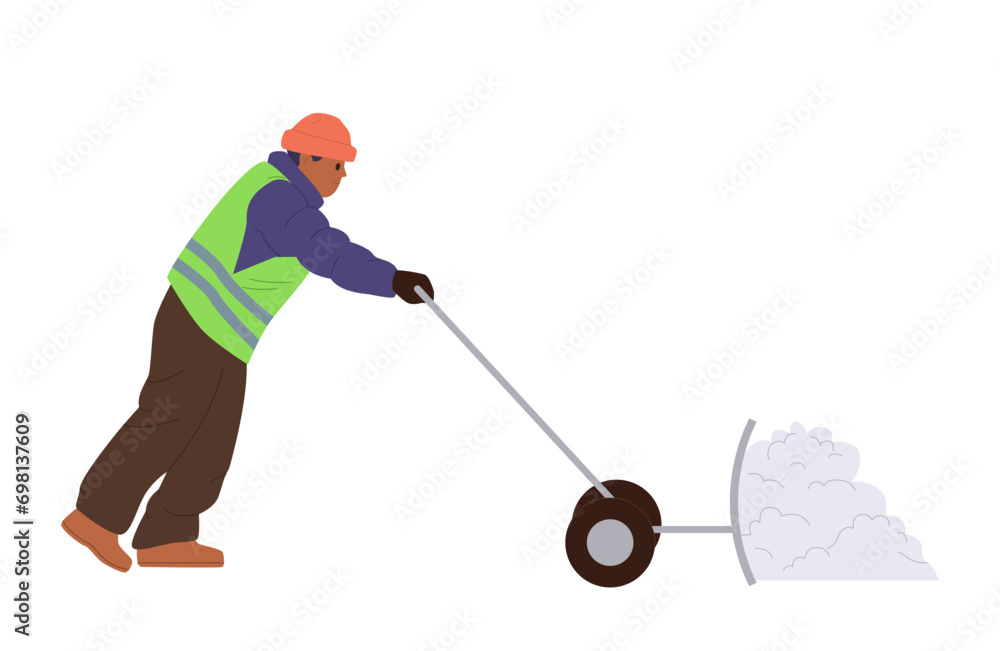 Man janitor cartoon character in uniform cleaning street with manual snow plow scraper tool